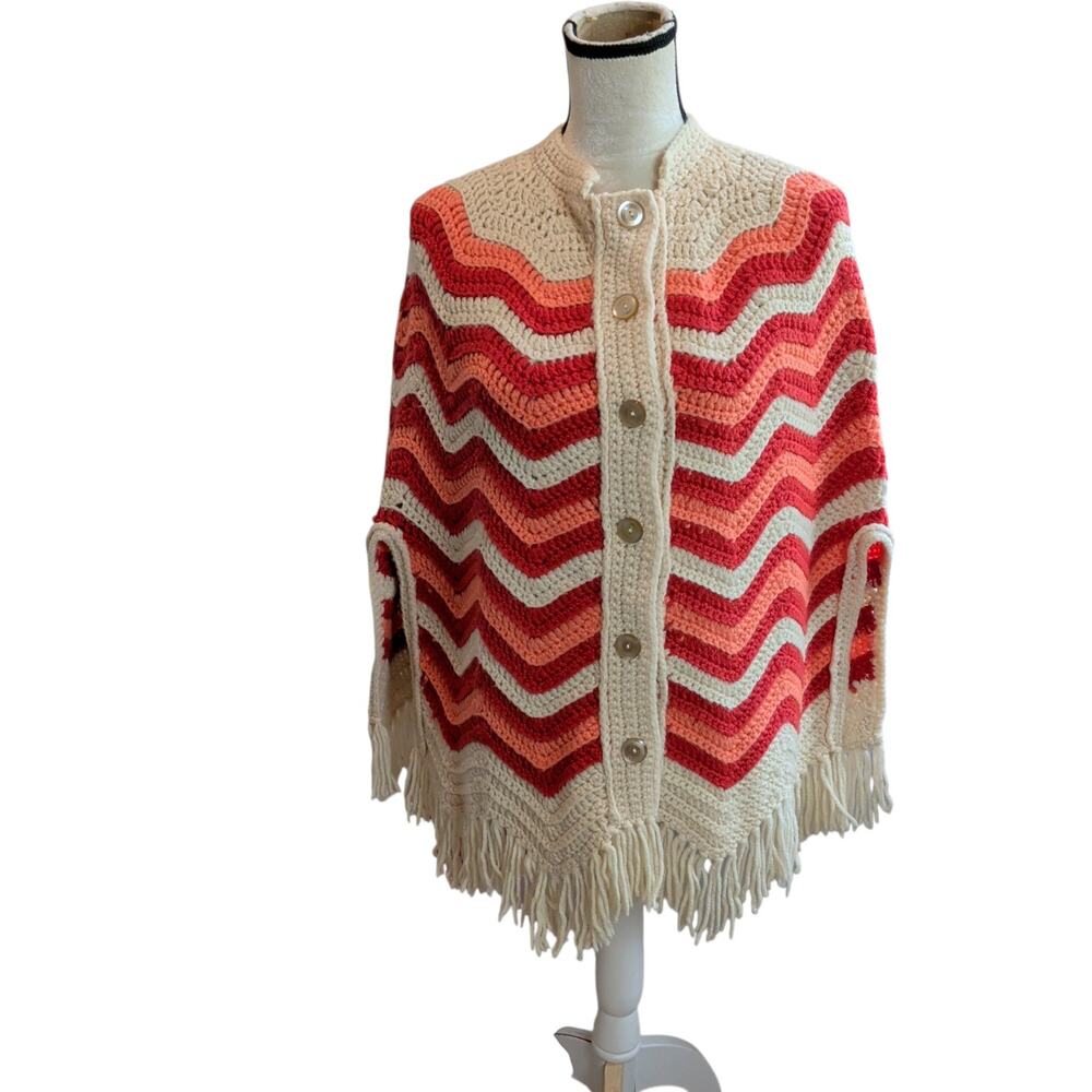 Handmade 70s Groovy Knit Shawl Poncho Button Up Fringe Chevron Pink Cream